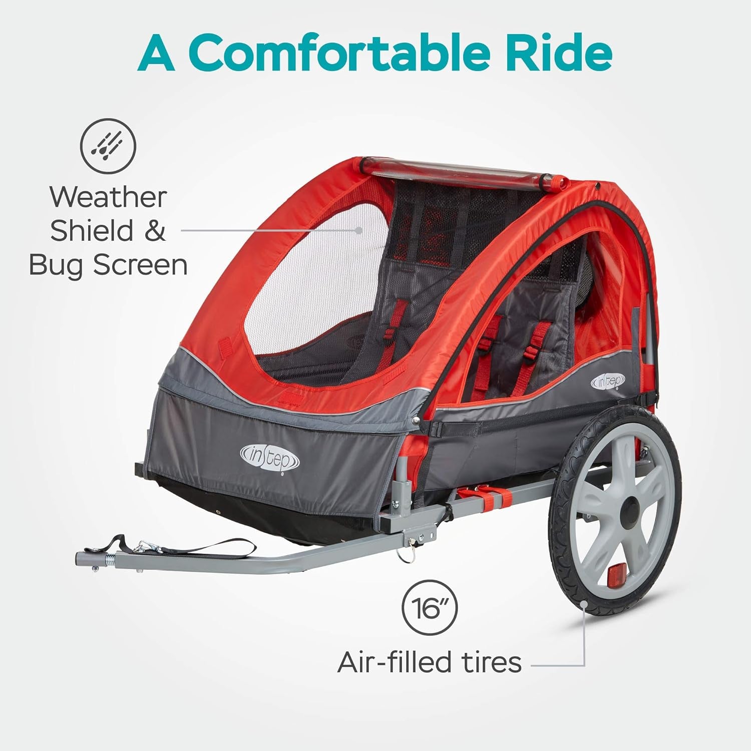 Take 2 Double Seat Bike Child Trailer, Max Weight 80 Lbs., 5-Point Harness, Folding Frame, Quick Release Wheels, Bug Screen & Weather Shield, Red