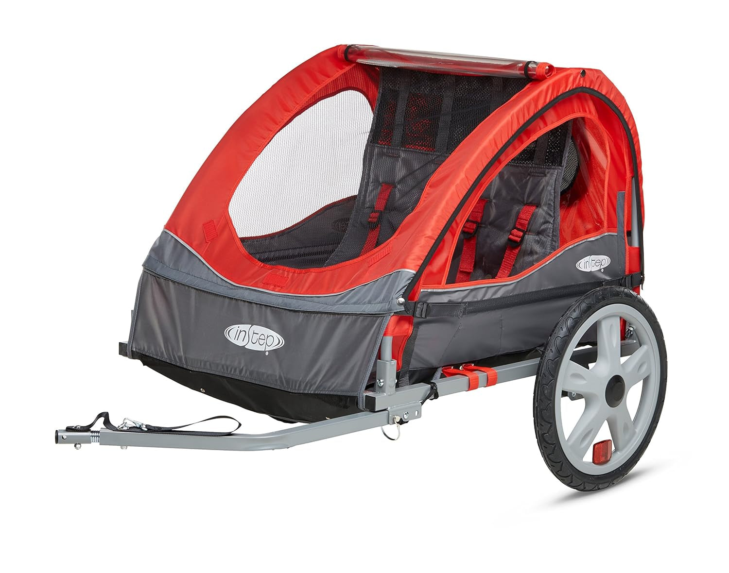 Take 2 Double Seat Bike Child Trailer, Max Weight 80 Lbs., 5-Point Harness, Folding Frame, Quick Release Wheels, Bug Screen & Weather Shield, Red
