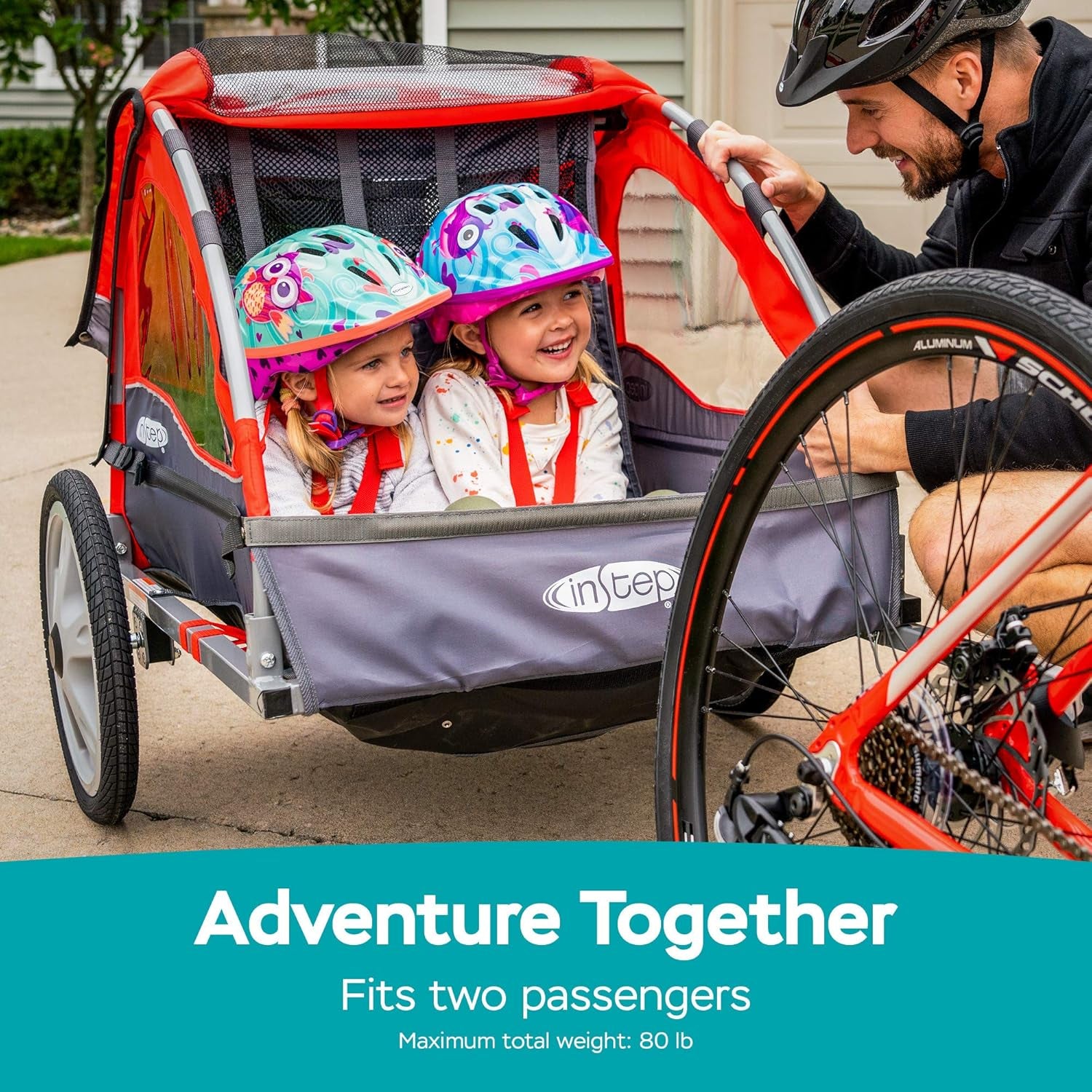 Take 2 Double Seat Bike Child Trailer, Max Weight 80 Lbs., 5-Point Harness, Folding Frame, Quick Release Wheels, Bug Screen & Weather Shield, Red